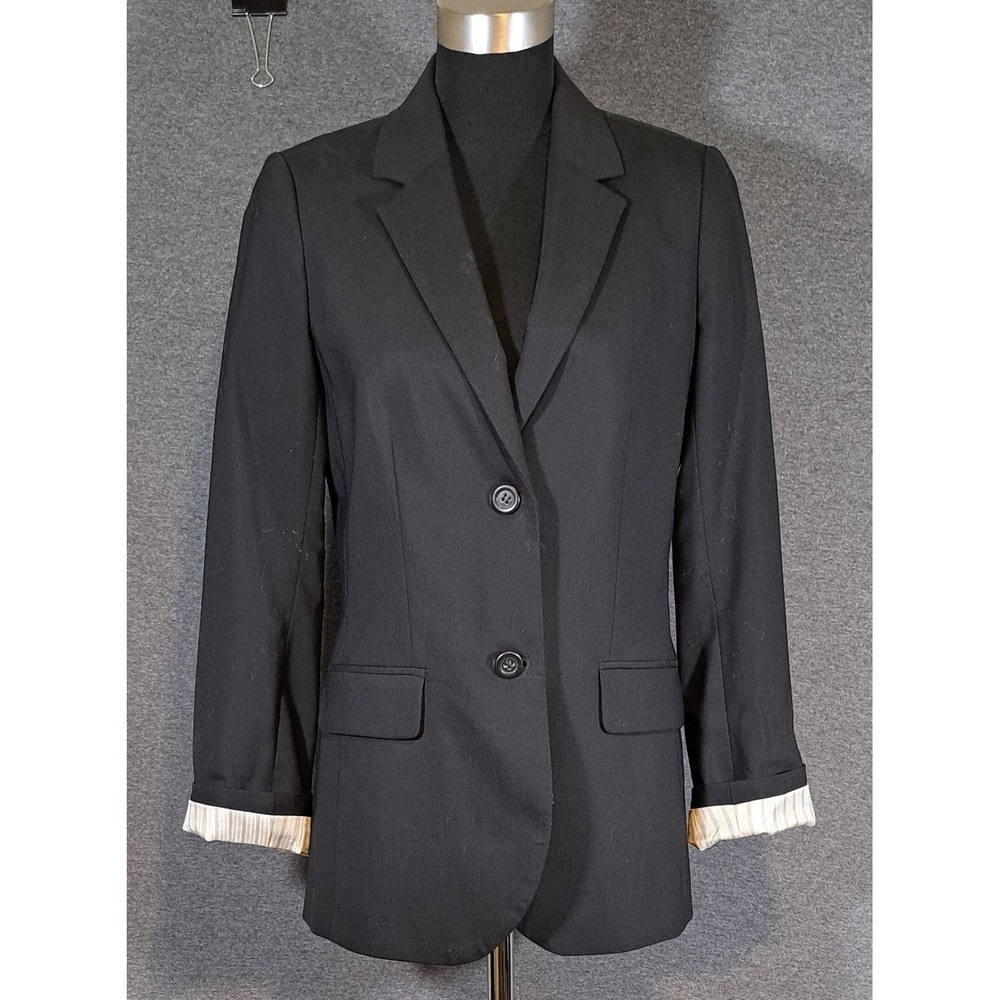 J.Crew Womens Black Wool Blend Two Button Blazer Pinstripe Cuff Size 2 RN77388